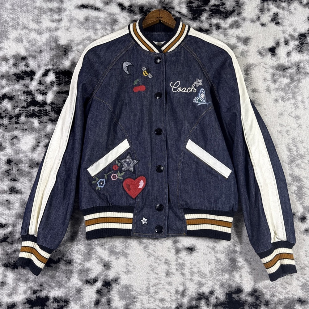 Coach Denim Varsity Jacket Womens Small Dark Wash‎ Blue Embroidered Cutesy Girly - Picture 2 of 14